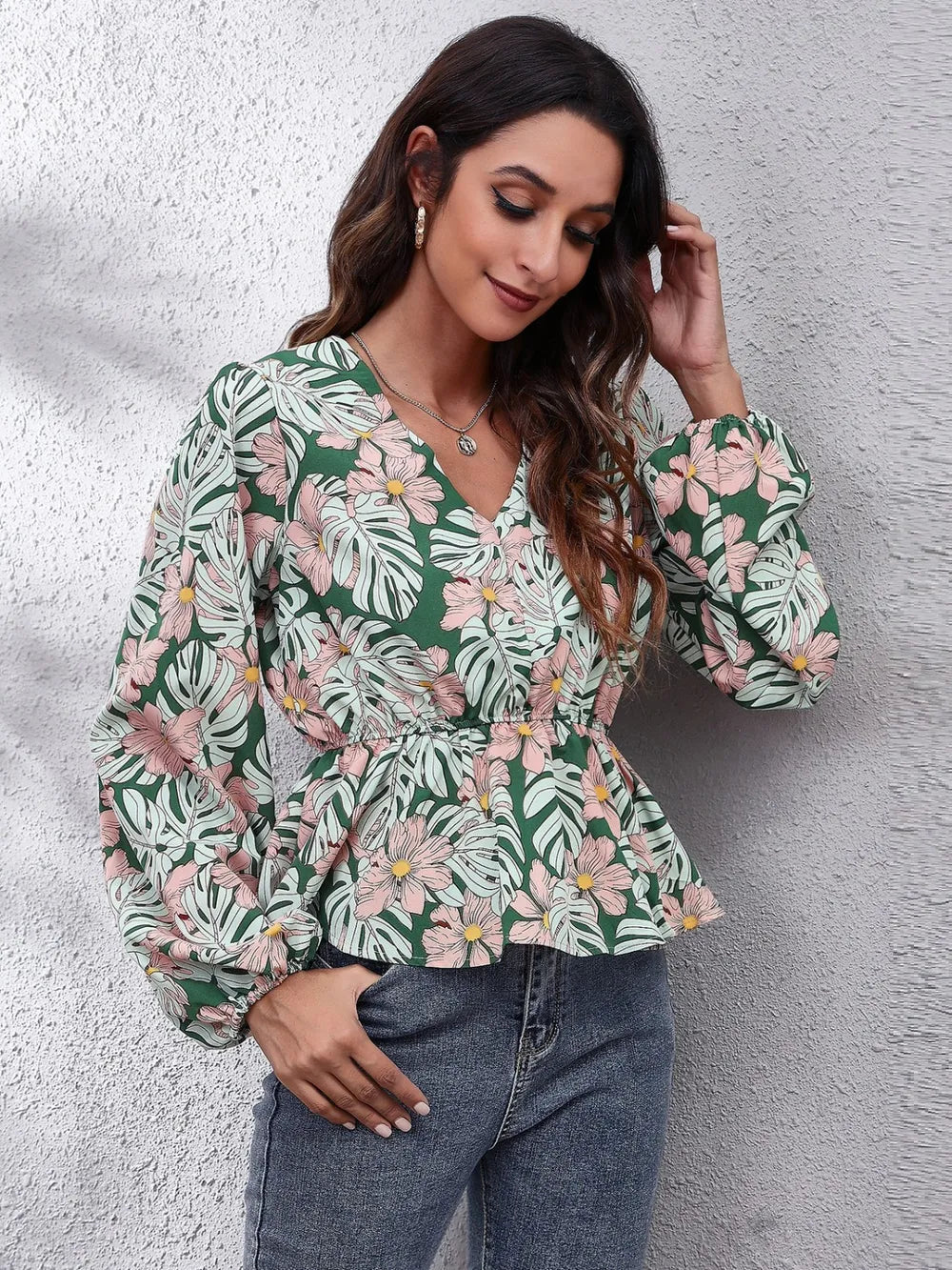 Floral V-Neck Balloon Sleeve Peplum Blouse nicholesgifts