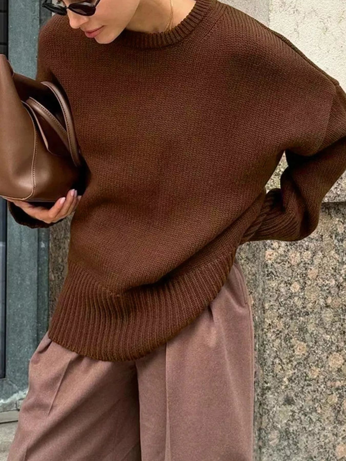 Ribbed Hem Round Neck Sweater