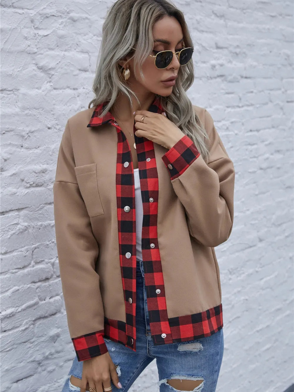 Plaid Trim Long Sleeve Jacket nicholesgifts