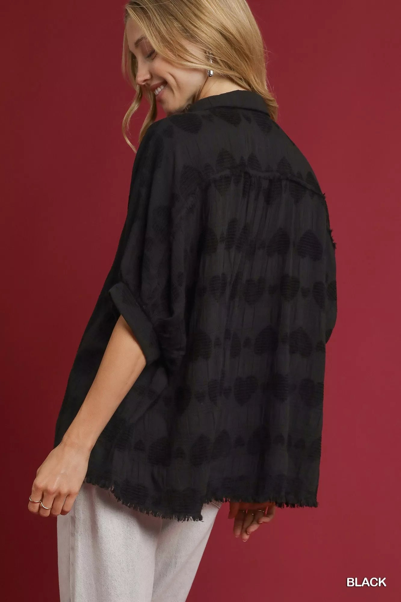 Women Umgee Jacquard Heart Collared Black Short Shirt