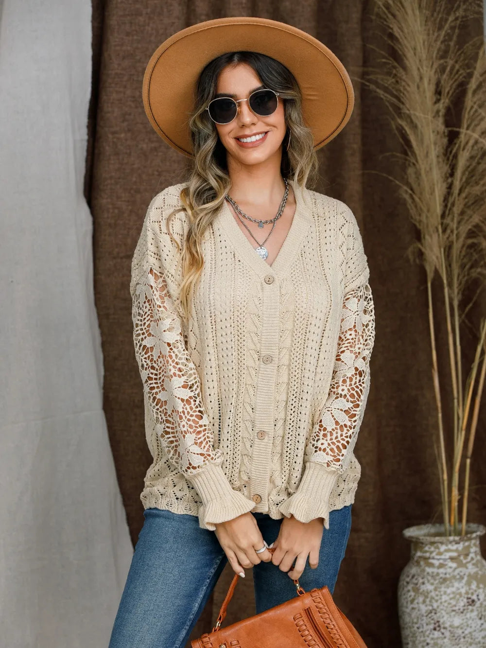 Eyelet Button Up Lantern Sleeve Cardigan nicholesgifts