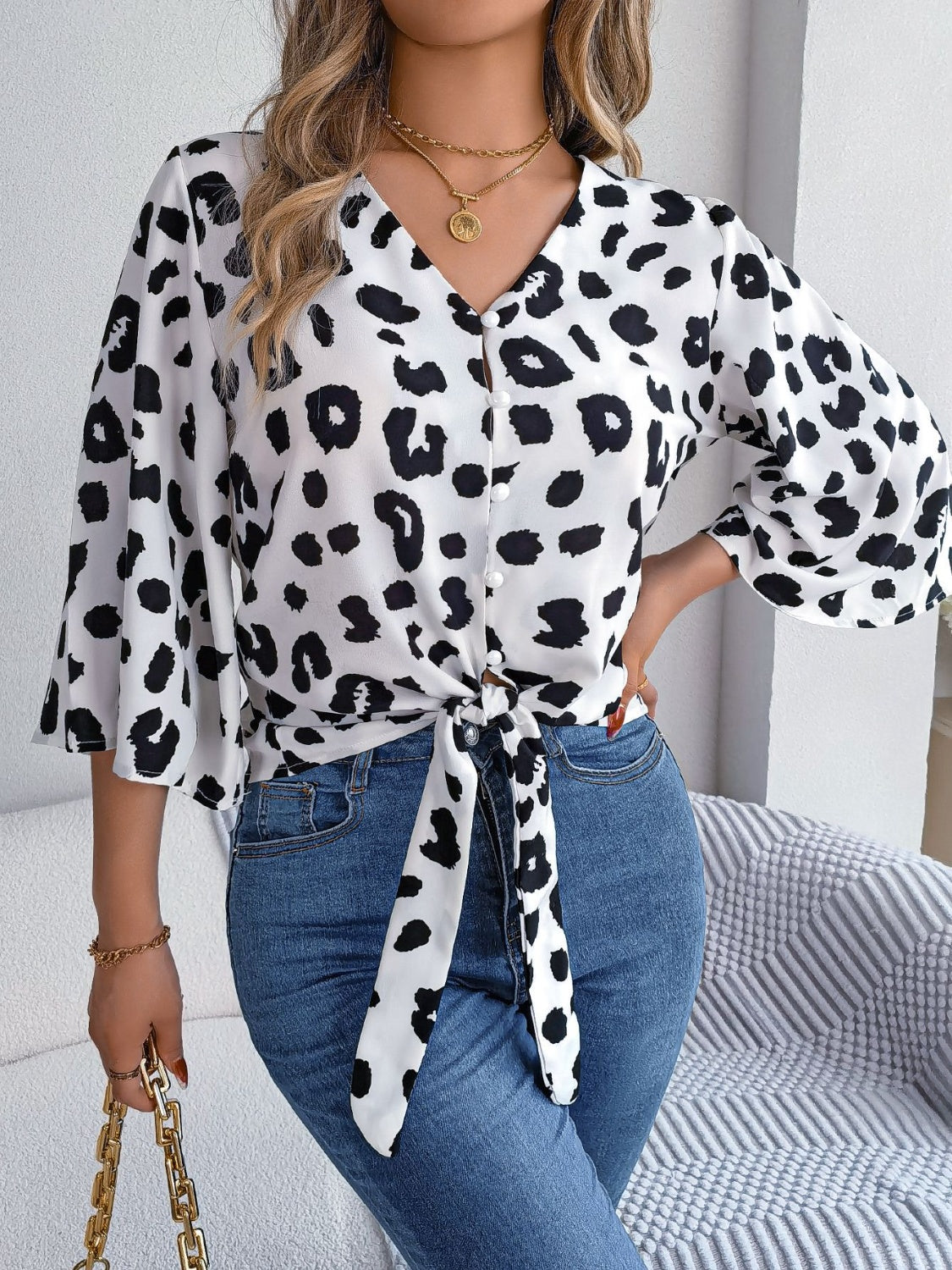 Tied Button Up Leopard V-Neck Blouse nicholesgifts