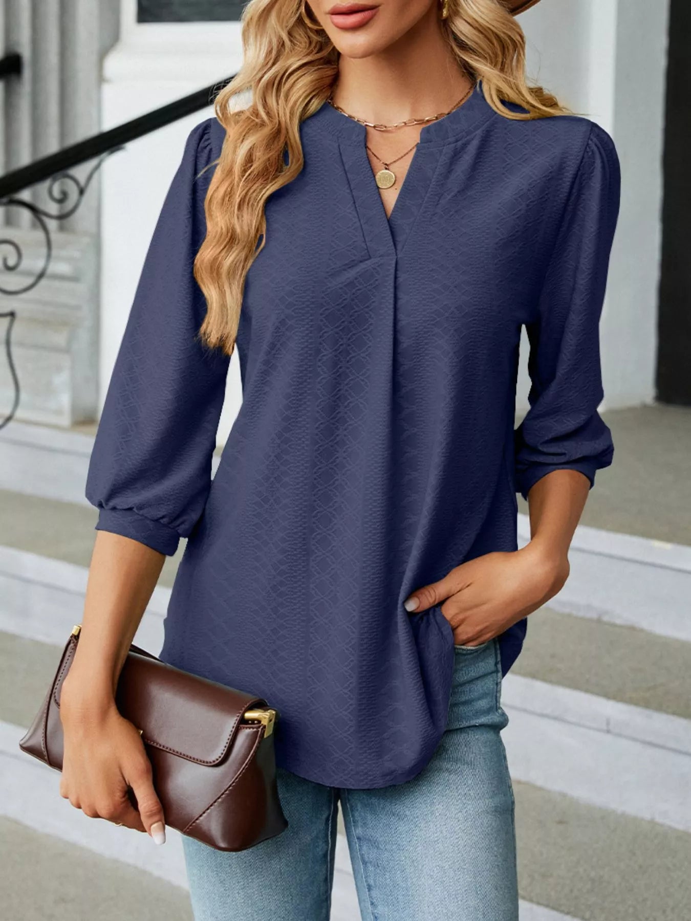 Notched 3/4 Sleeve Casual Top Trendsi