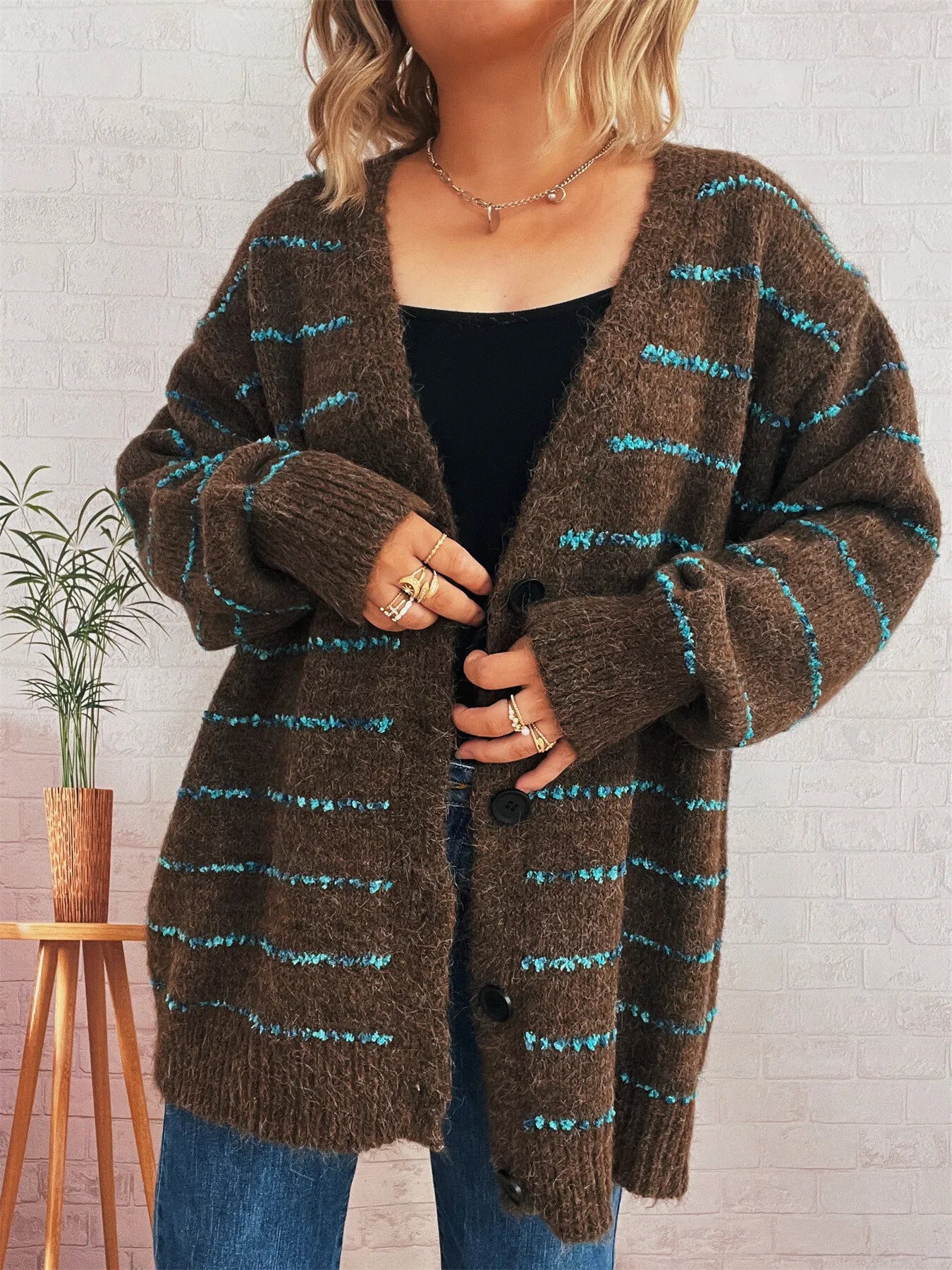 Striped Button-Up Cardigan with V-Neck Design
