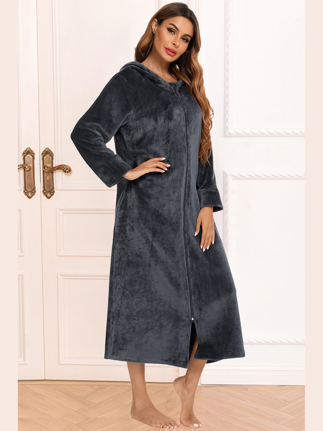 Zip Front Hooded Night Dress with Pockets nicholesgifts