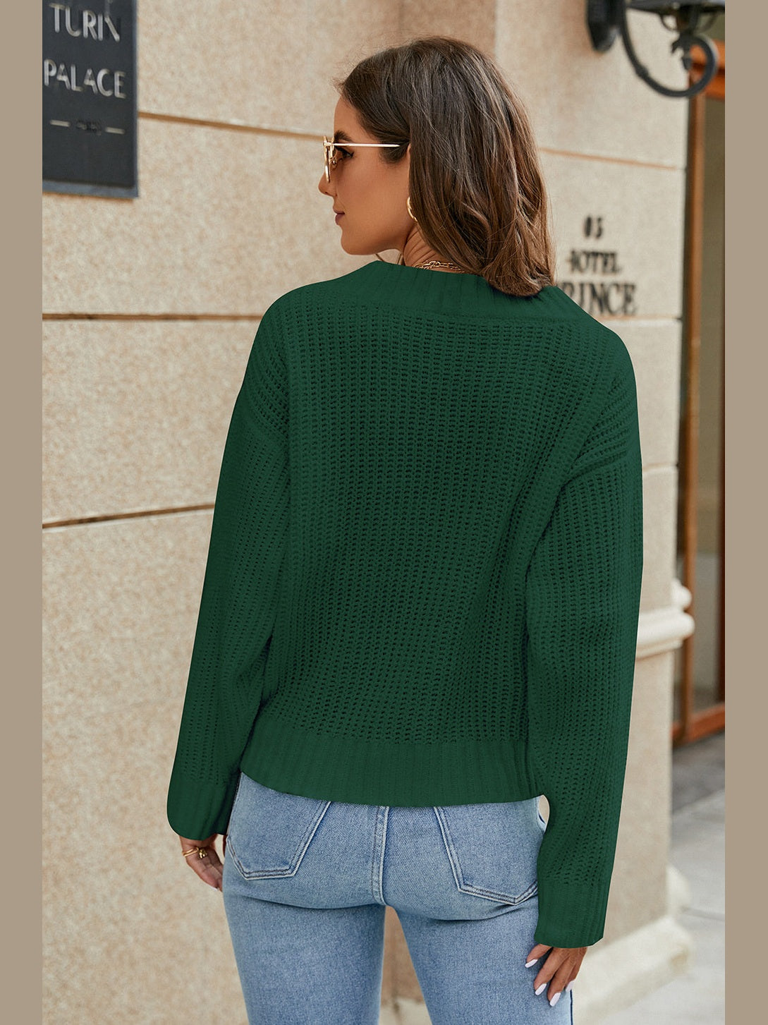 Openwork Surplice Long Sleeve Sweater Trendsi
