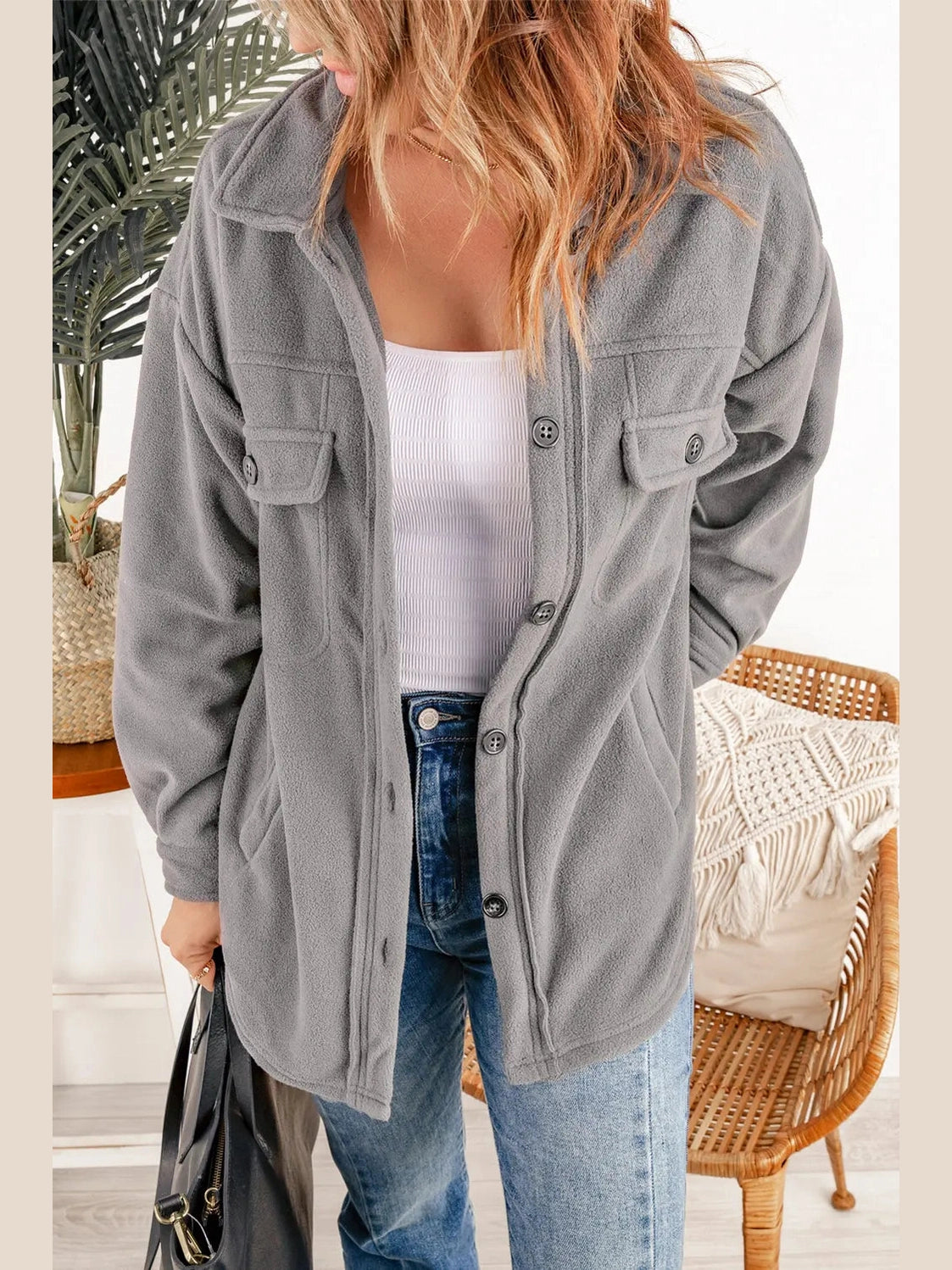 Button Up Collared Neck Long Sleeve Jacket nicholesgifts