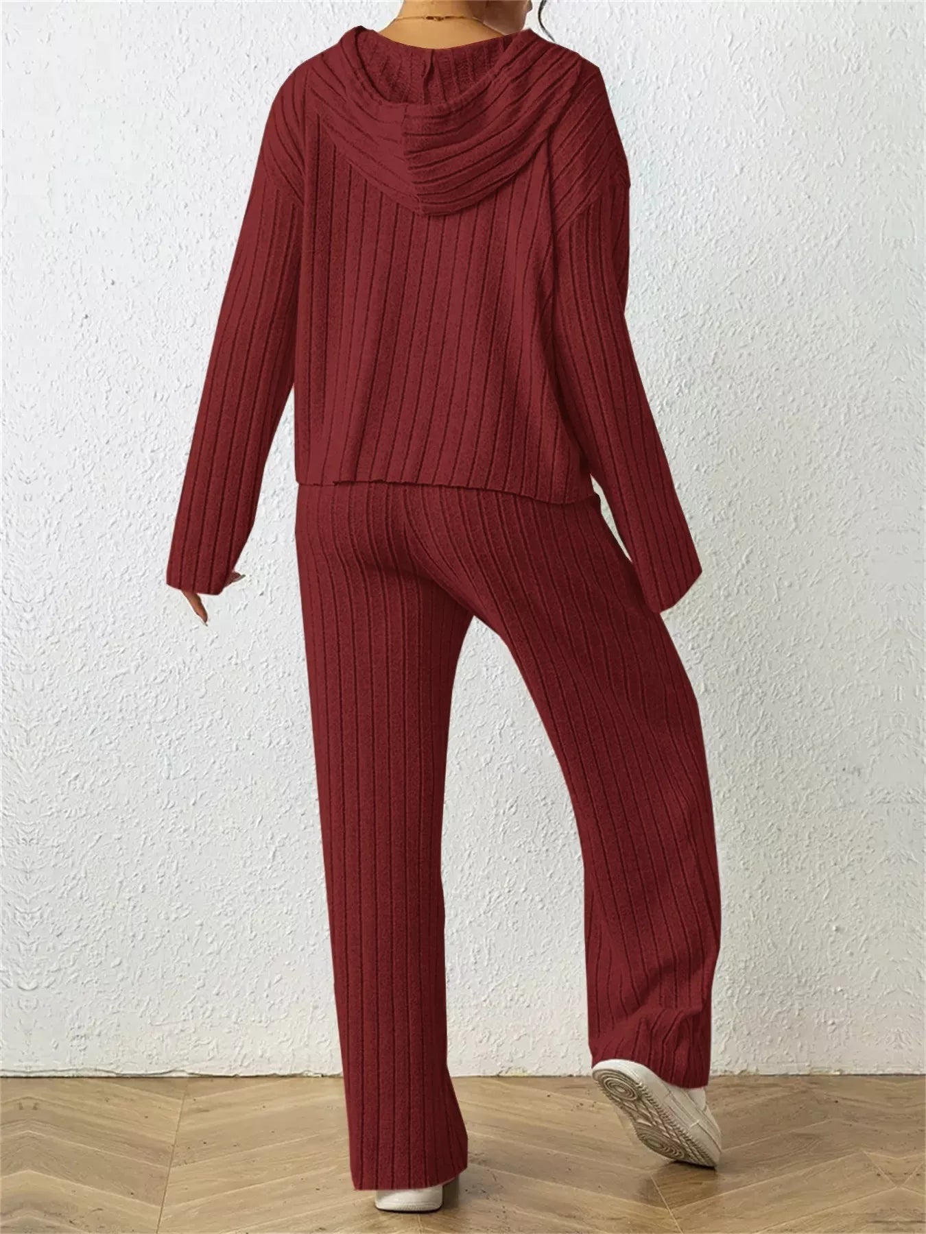 Ribbed Drawstring Hoodie and Pants Set Trendsi