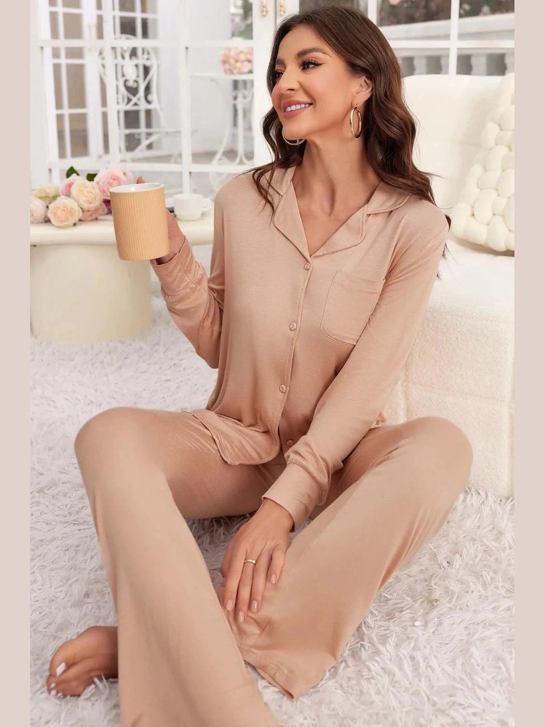 Button Up Long Sleeve Top and Pants Lounge Set nicholesgifts