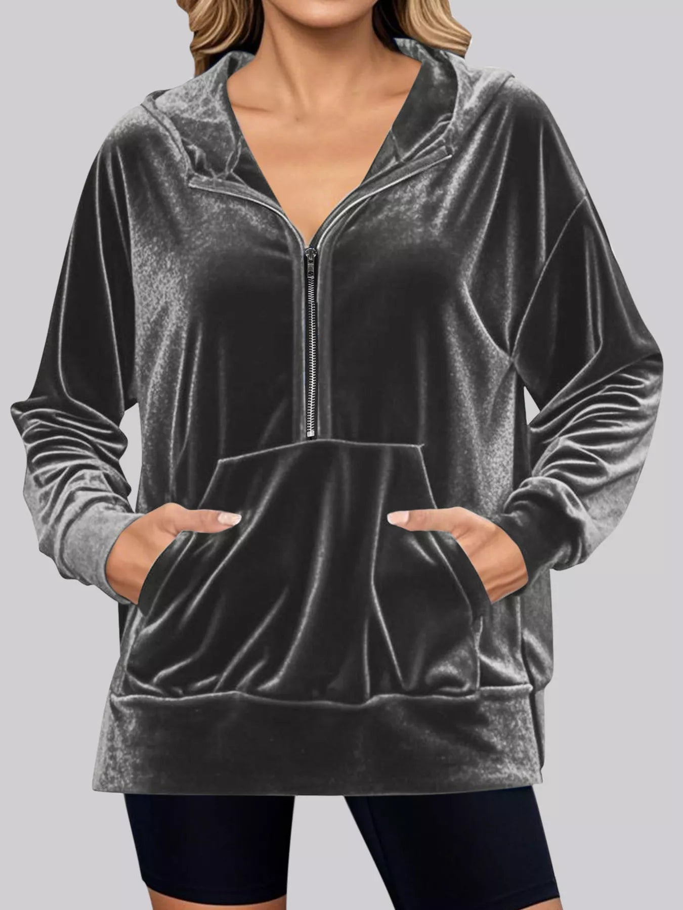 Full Size Half Zip Kangaroo Pocket Hoodie Plus Size Trendsi