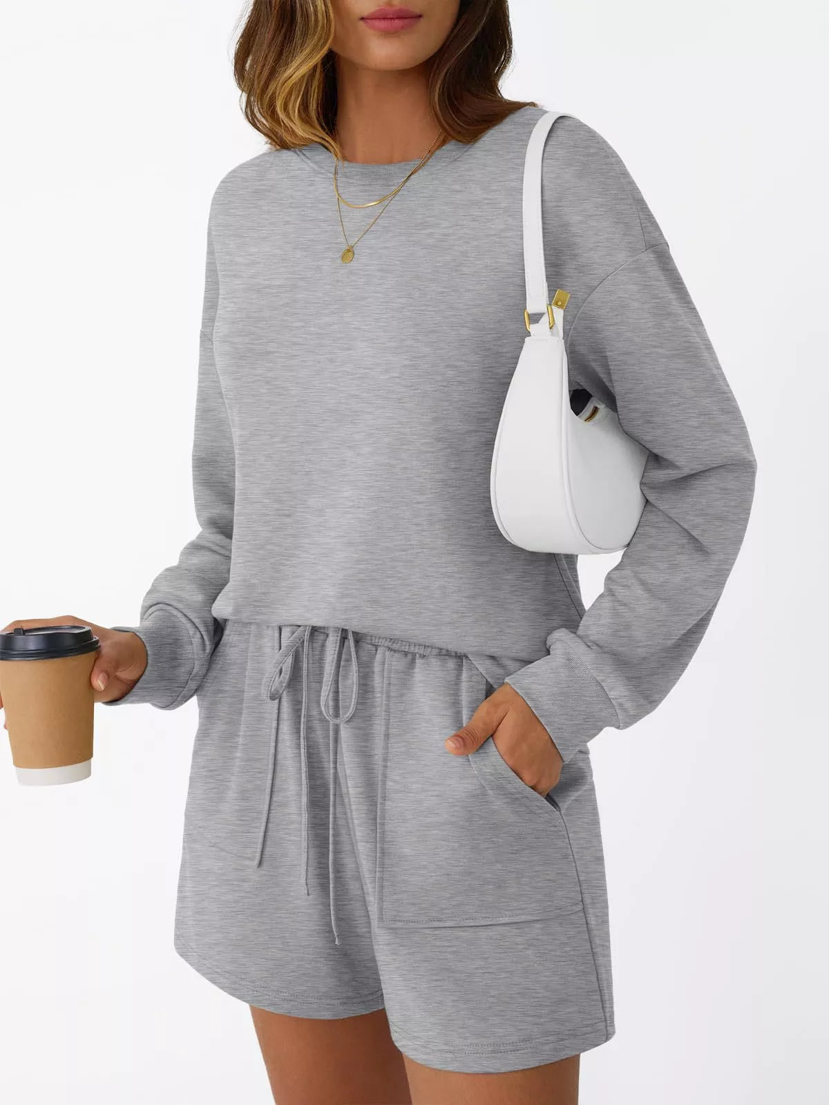 Round Neck Long Sleeve Top and Shorts Set Trendsi