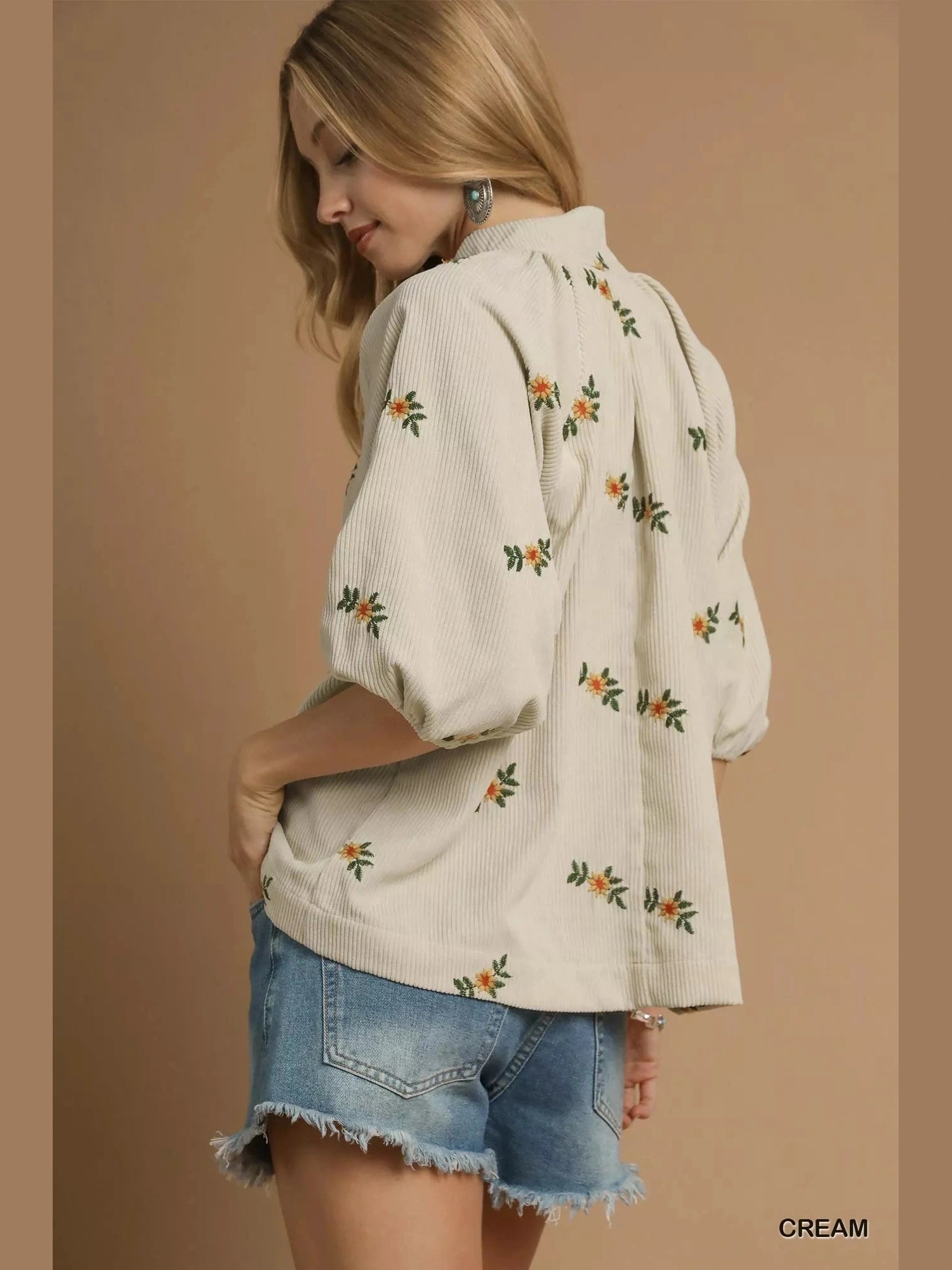 Women Umgee Corduroy Floral Embroidered Puff Long Sleeve Blouse NicholesGifts