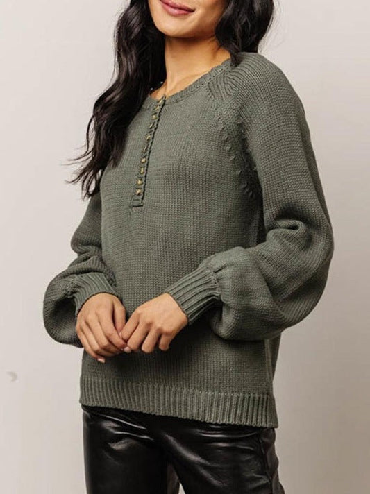 Buttoned Round Neck Long Sleeve Sweater Trendsi