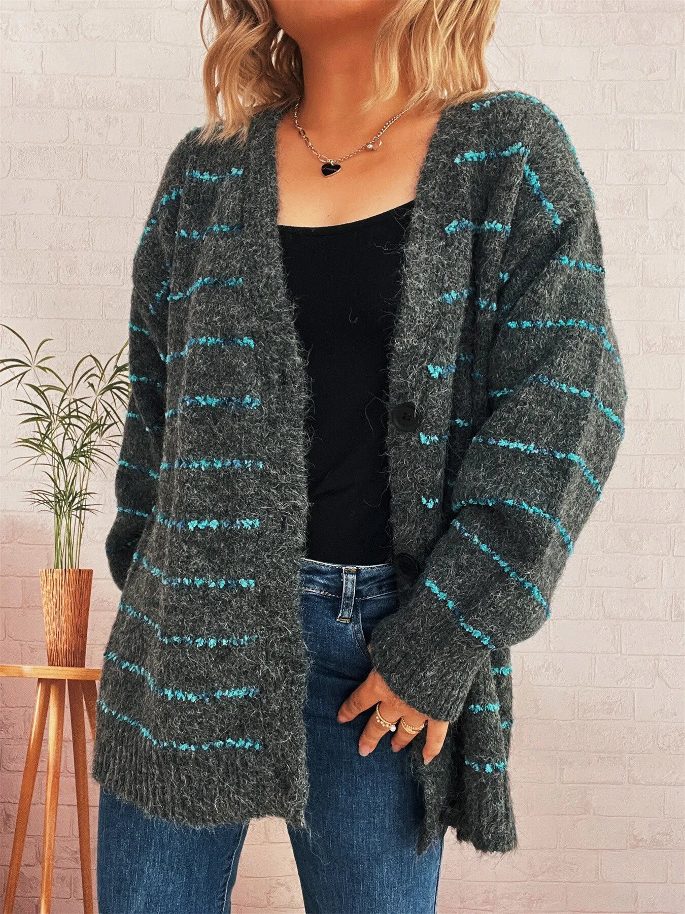 Striped Button-Up Cardigan with V-Neck Design