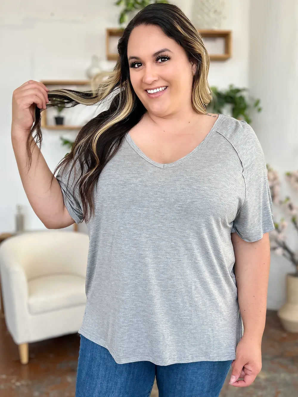 Basic Bae Full Size Bamboo Slit V-Neck Short Sleeve T-Shirt NicholesGifts