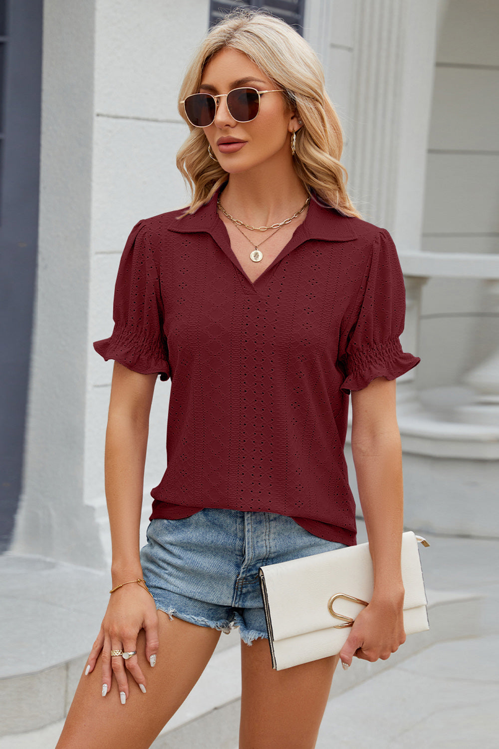 Eyelet Johnny Collar Short Sleeve Blouse nicholesgifts