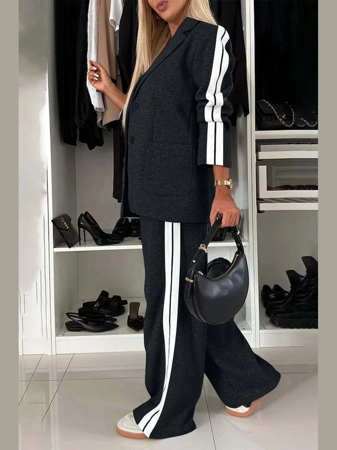 Full Size Contrast Lapel Collar Top and Pants Set nicholesgifts
