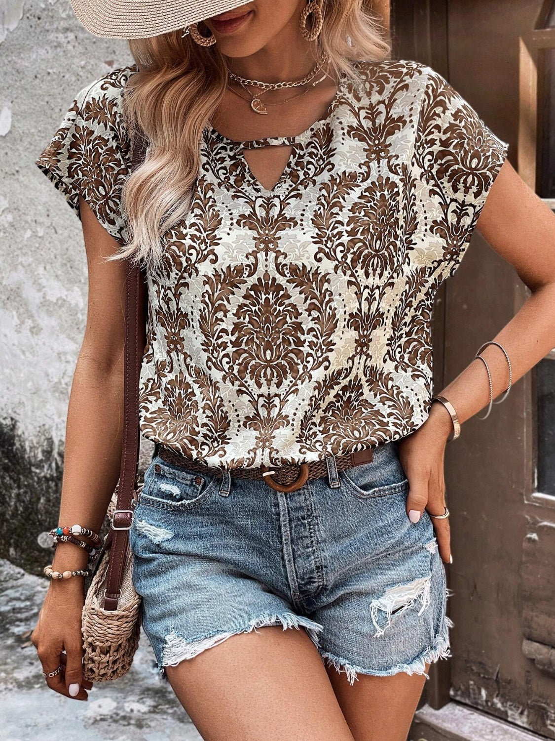 Printed Short Sleeve Blouse nicholesgifts