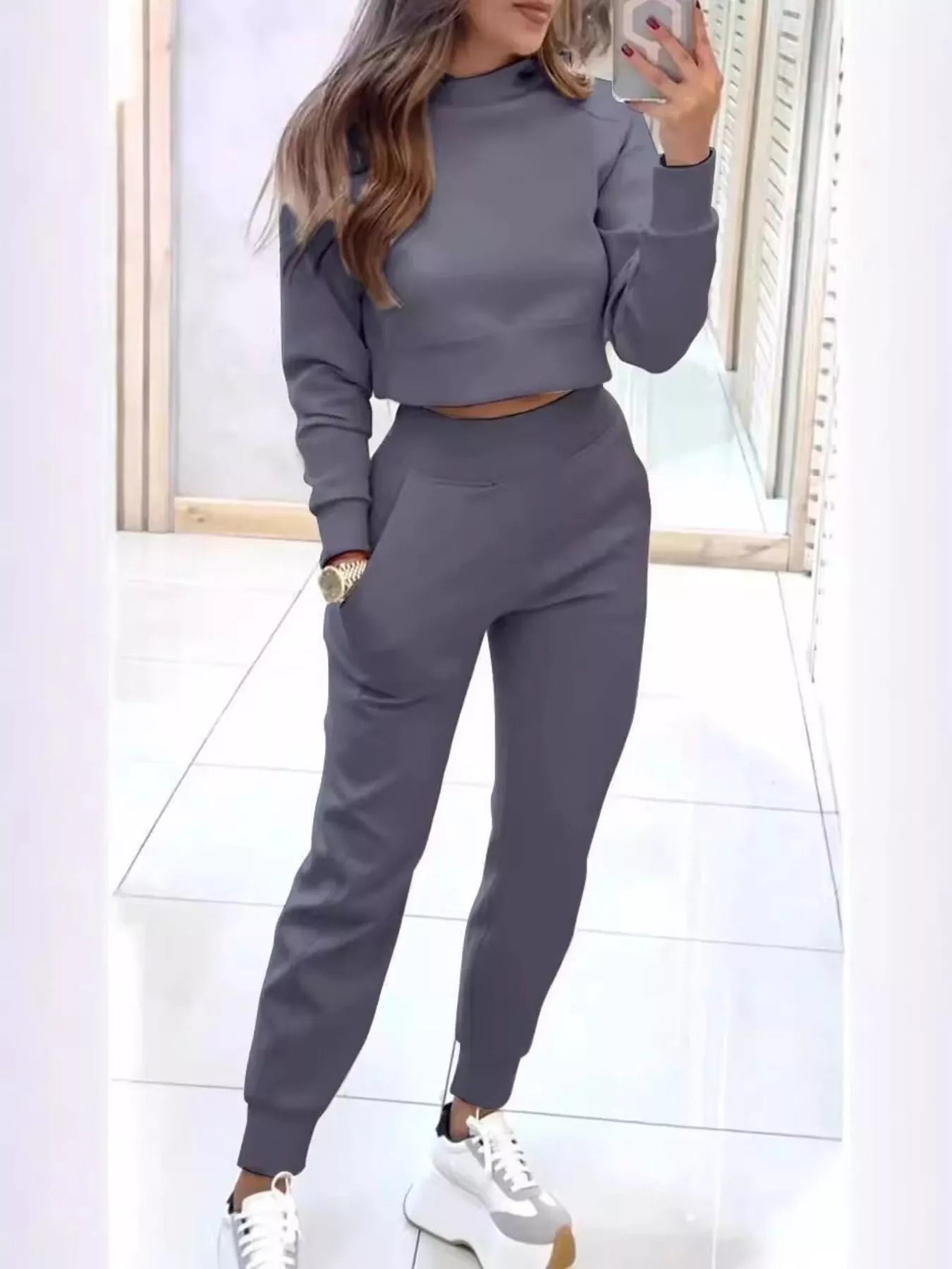 Casual Chic Cropped Sweatshirt and Jogger Set nicholesgifts