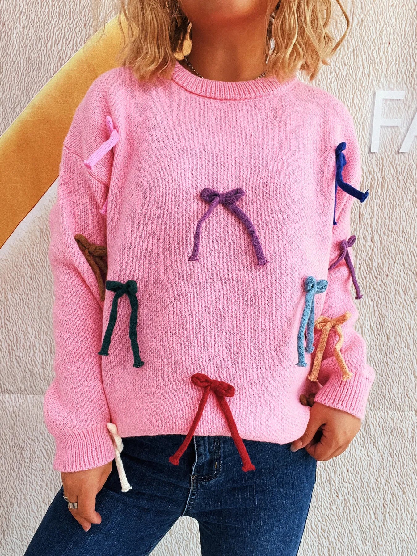 Colorful Bow Round Neck Sweater