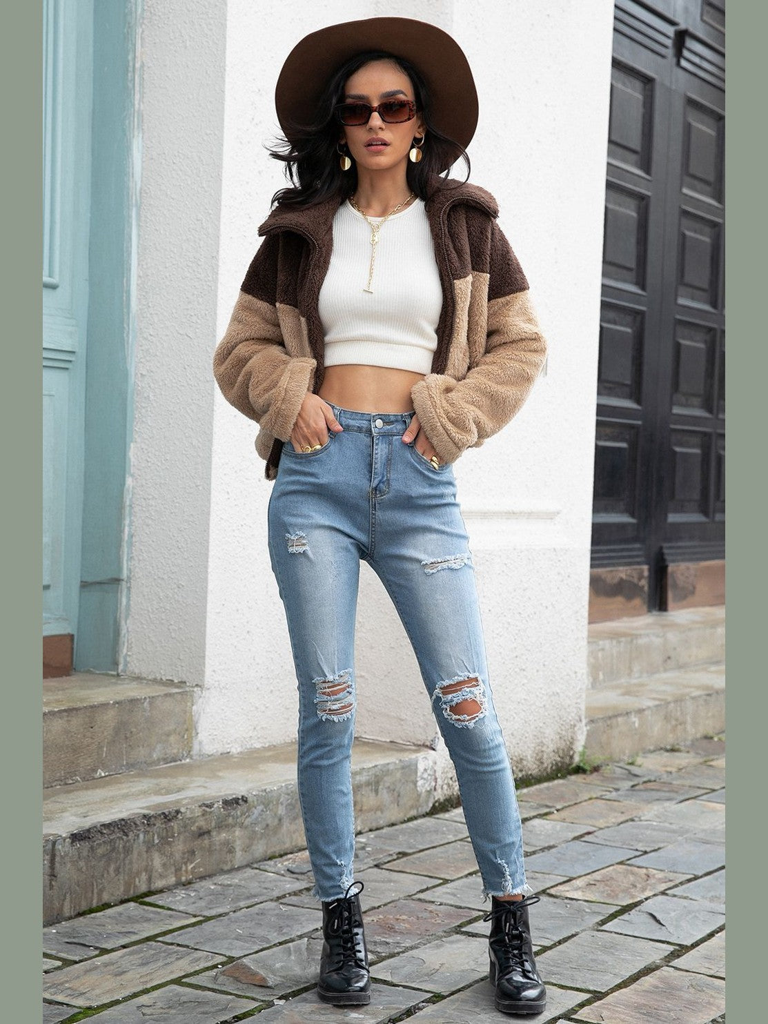 Two-Tone Collared Neck Fuzzy Jacket nicholesgifts