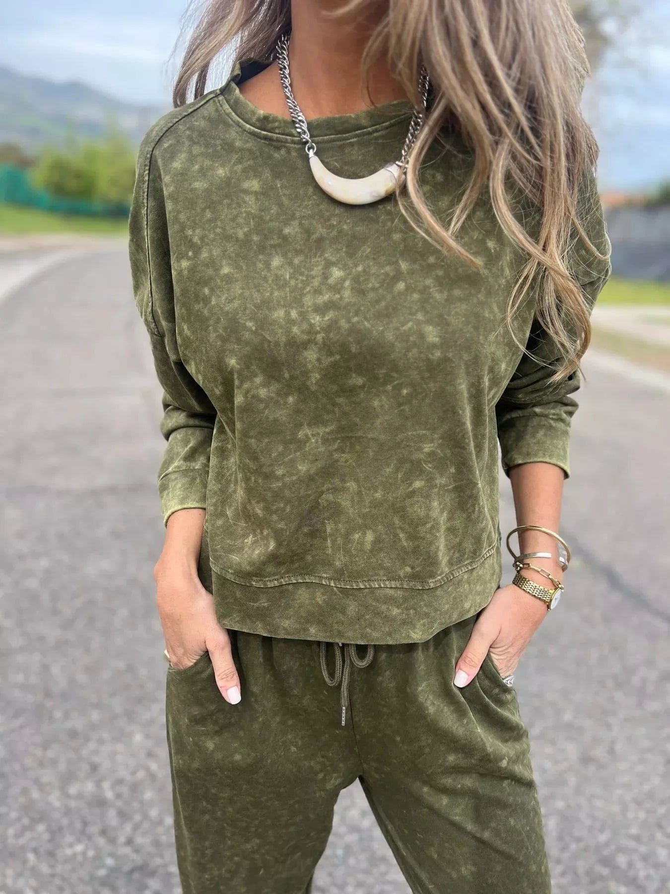 Full Size Washed Round Neck Top and Drawstring Pants Set Plus Size nicholesgifts