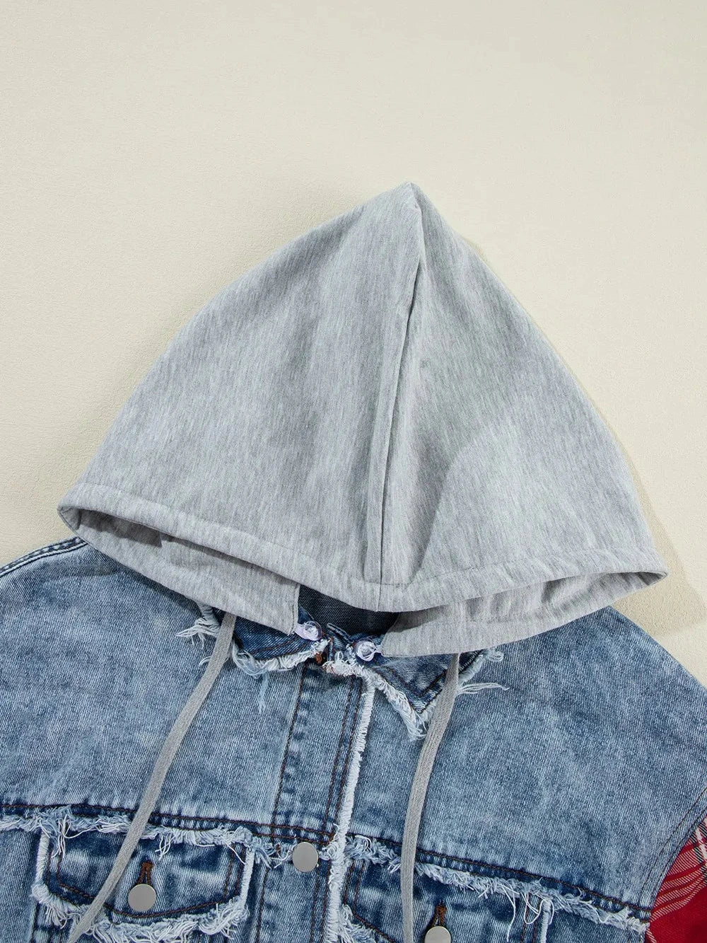 Raw Hem Drawstring Plaid Denim Jacket nicholesgifts