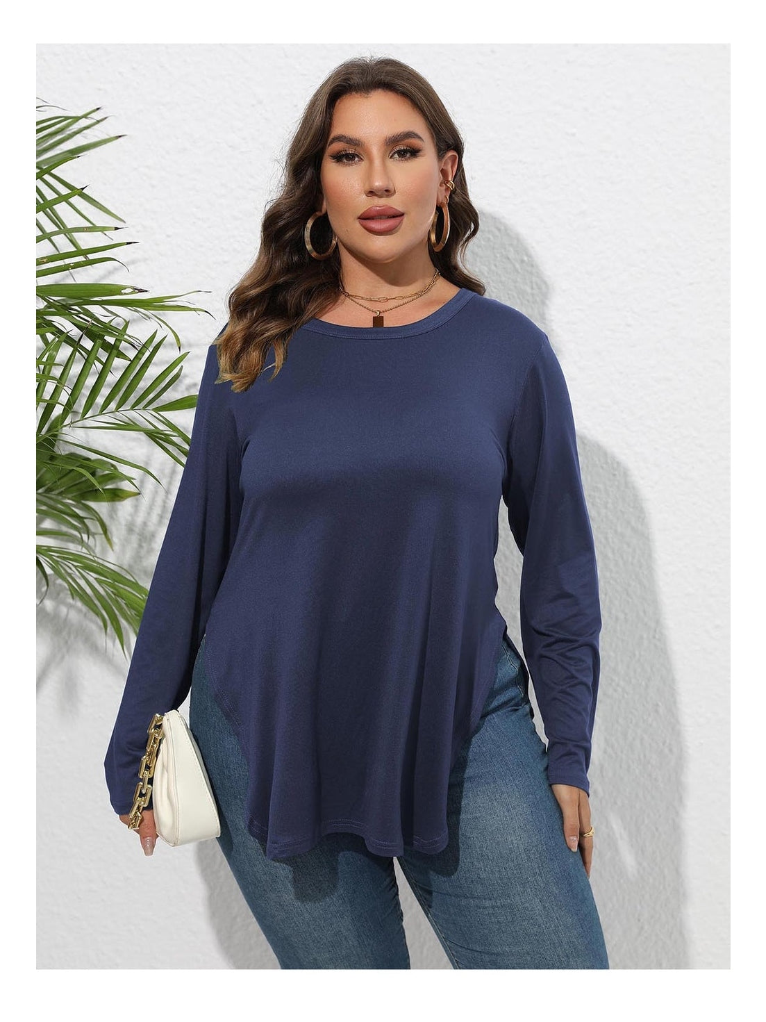 Women Plus Size Round Neck Long Sleeve Slit T-Shirt nicholesgifts