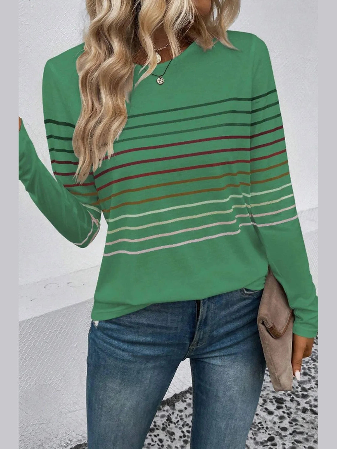 Striped Round Neck Long Sleeve T-Shirt nicholesgifts