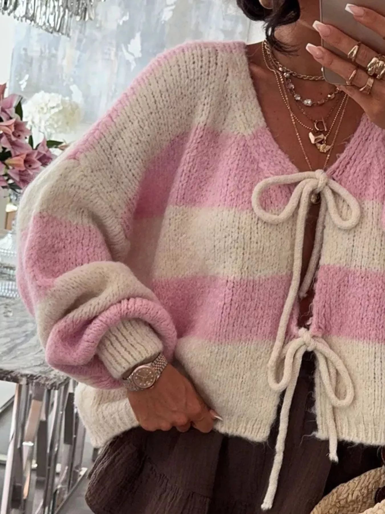 Striped Tie-Front Knit Cardigan Trendsi