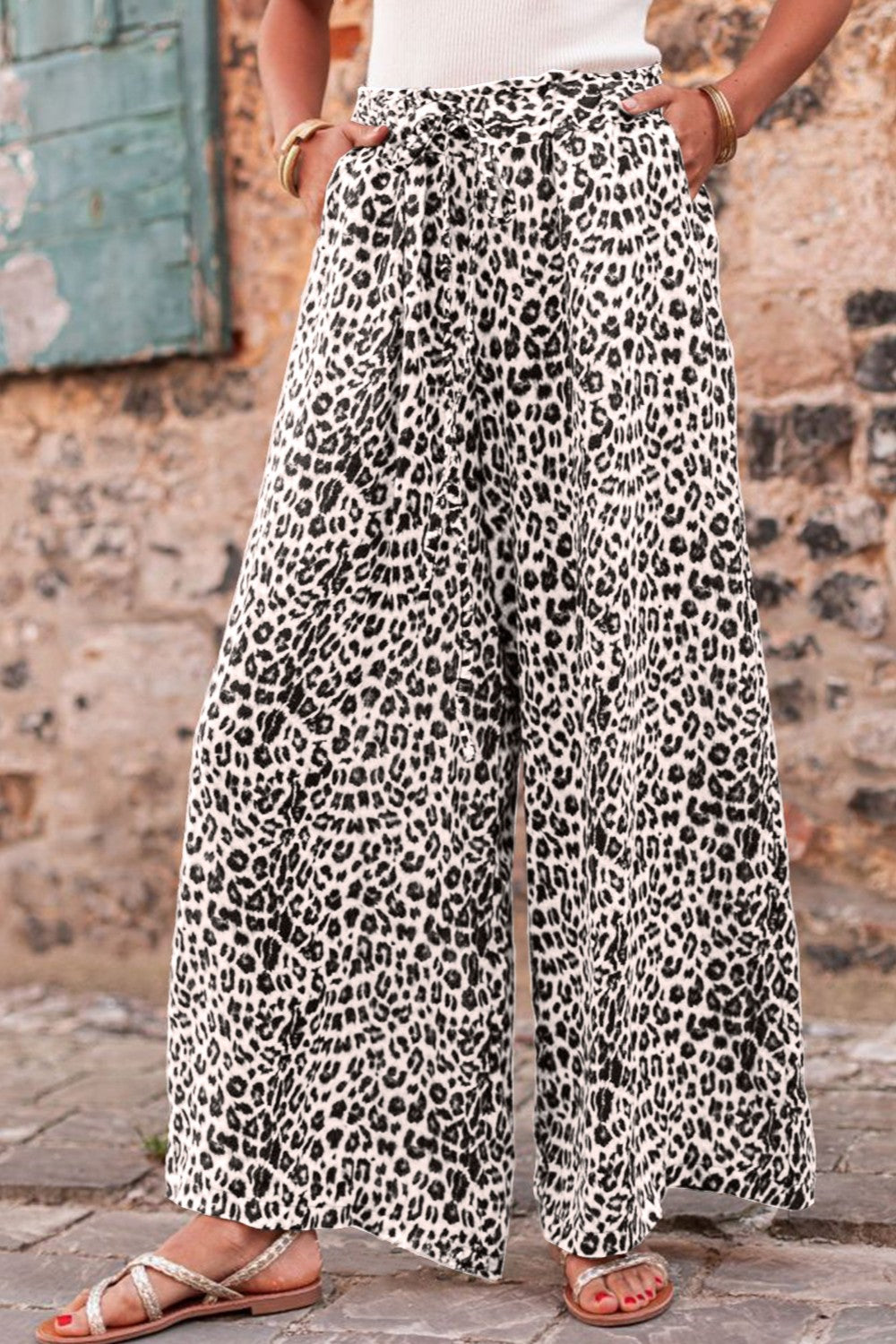 Leopard Drawstring Wide Leg Pants nicholesgifts