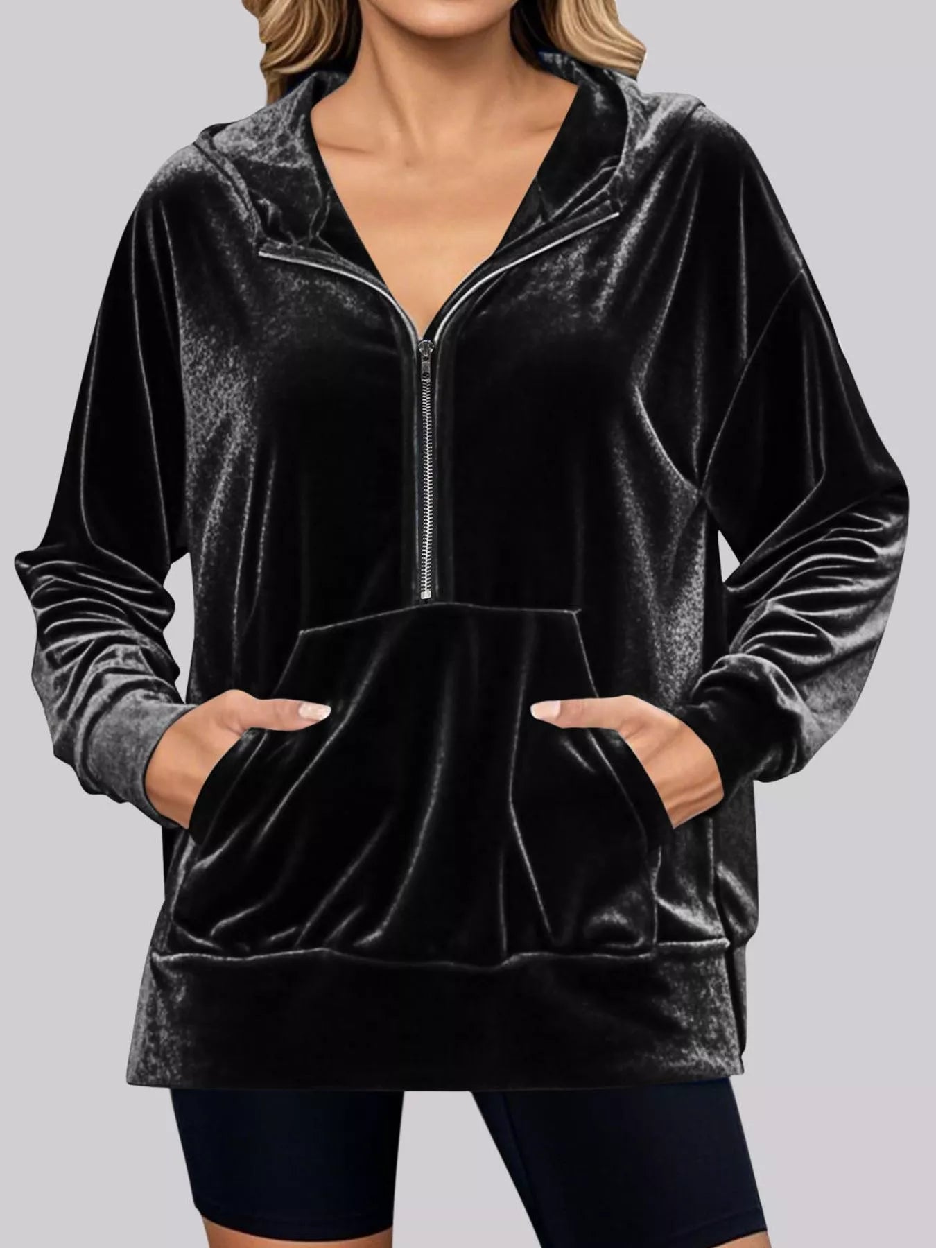 Full Size Half Zip Kangaroo Pocket Hoodie Plus Size Trendsi