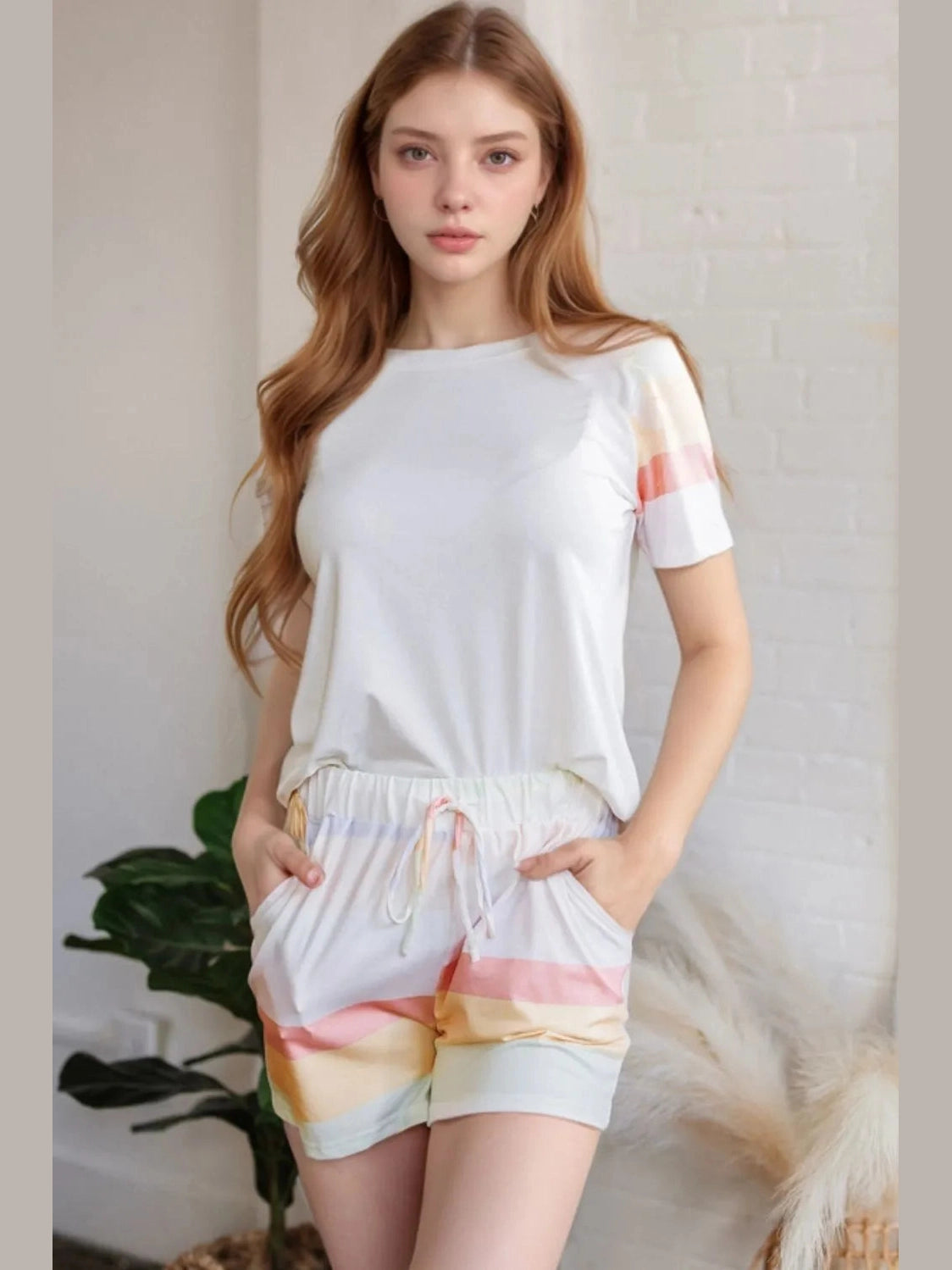 Rainbow Striped Round Neck T Shirt and Shorts Lounge Set nicholesgifts