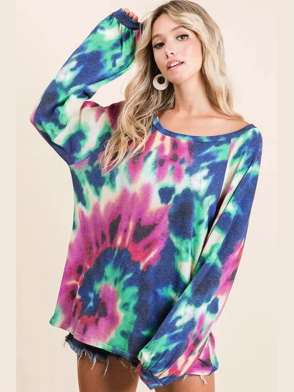 BiBi Tie Dye Print Terry Top with Puff Sleeves nicholesgifts