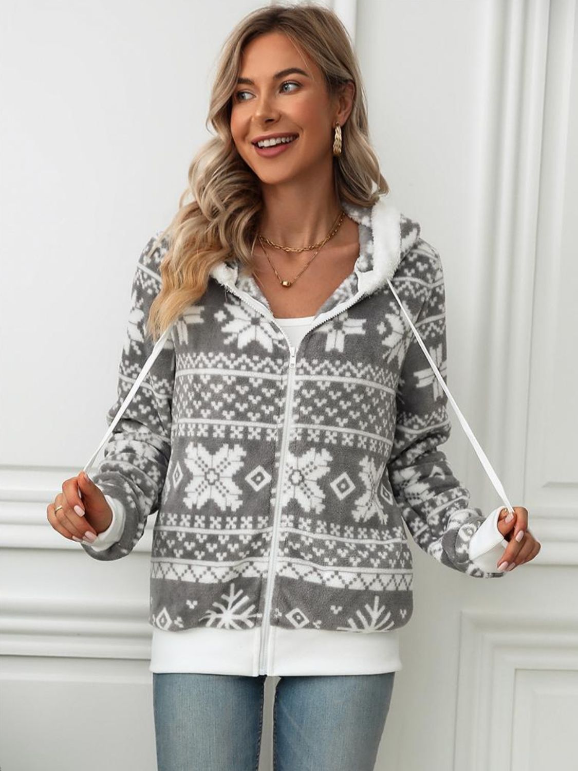 Drawstring Snowflake Zip Up Hooded Outerwear NicholesGifts