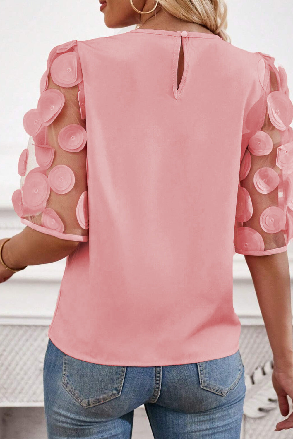 Women Applique Round Neck Half Sleeve Blouse nicholesgifts