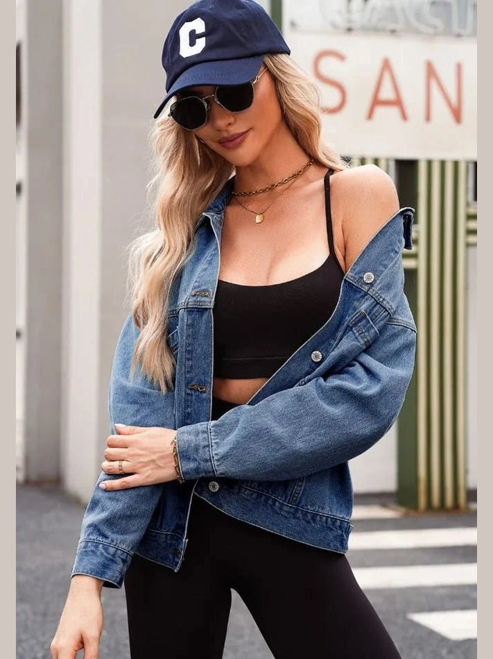 Pocketed Button Up Denim Jacket nicholesgifts