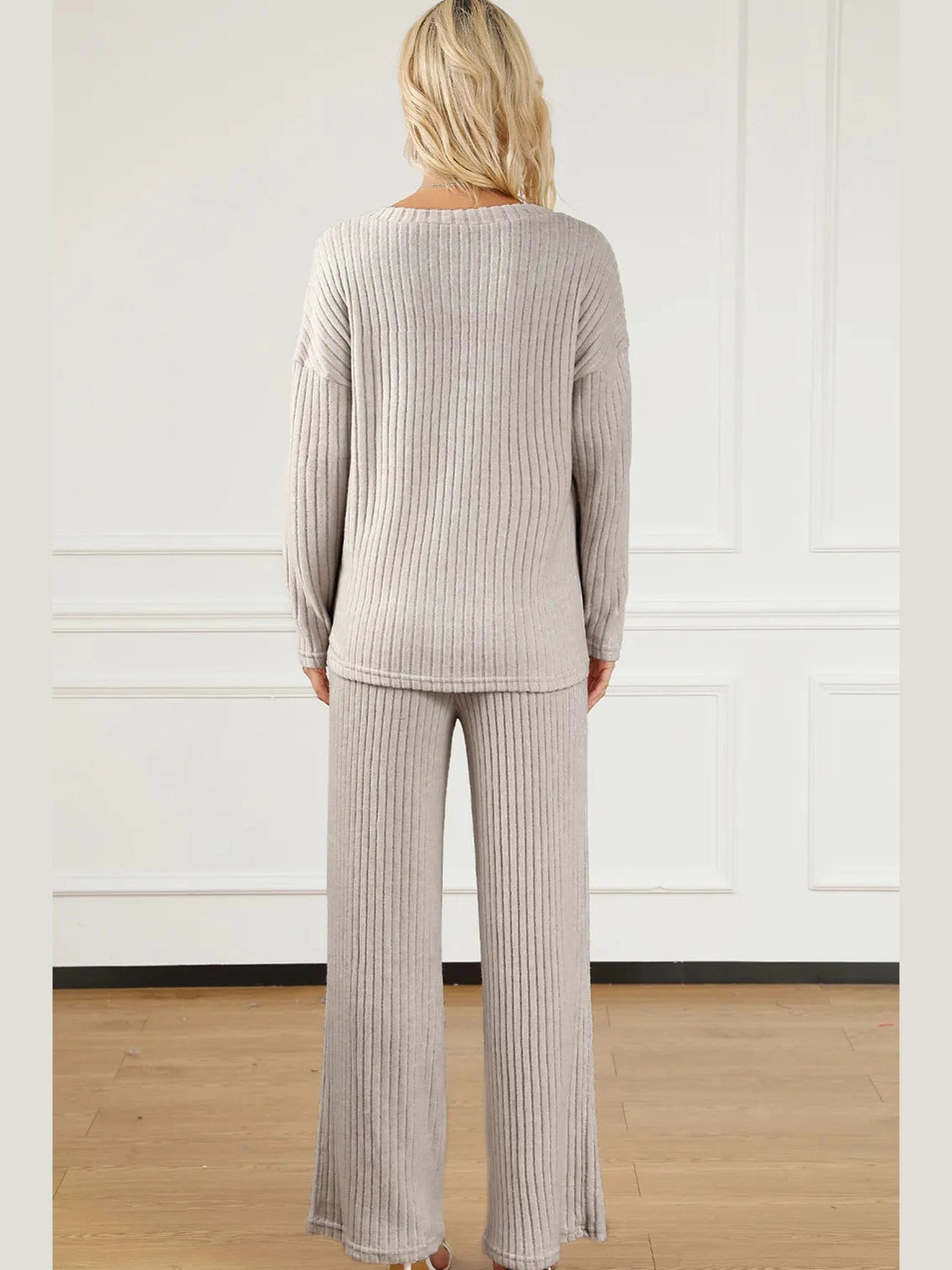 Ribbed V-Neck Top and Pants Lounge Set nicholesgifts