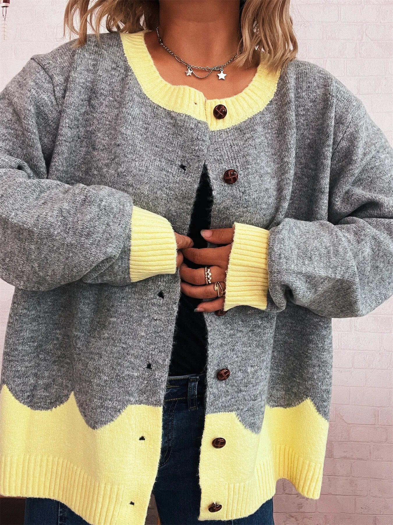 Button-Front Contrast Trim Cardigan