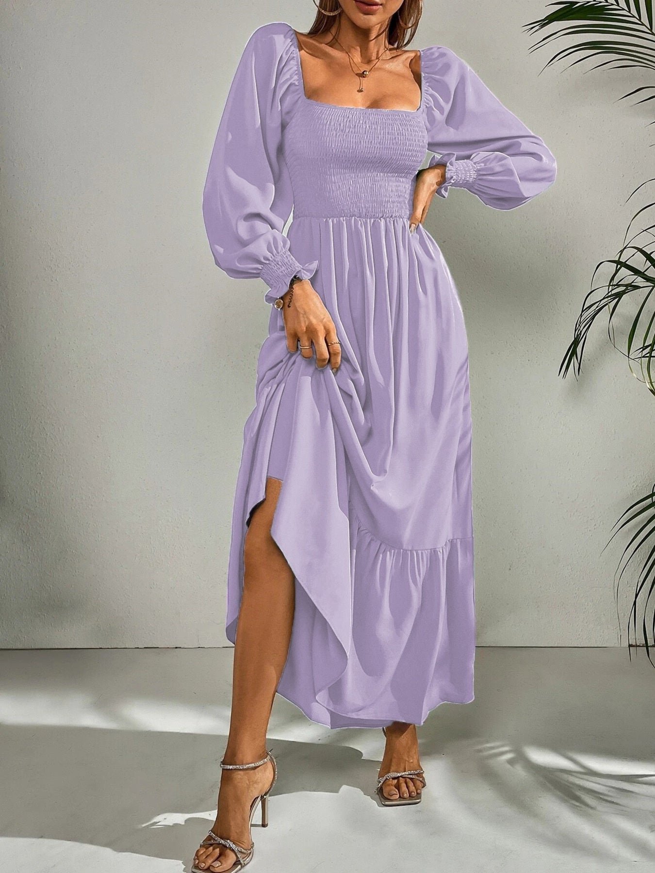 Smocked Long Sleeve Midi Dress nicholesgifts
