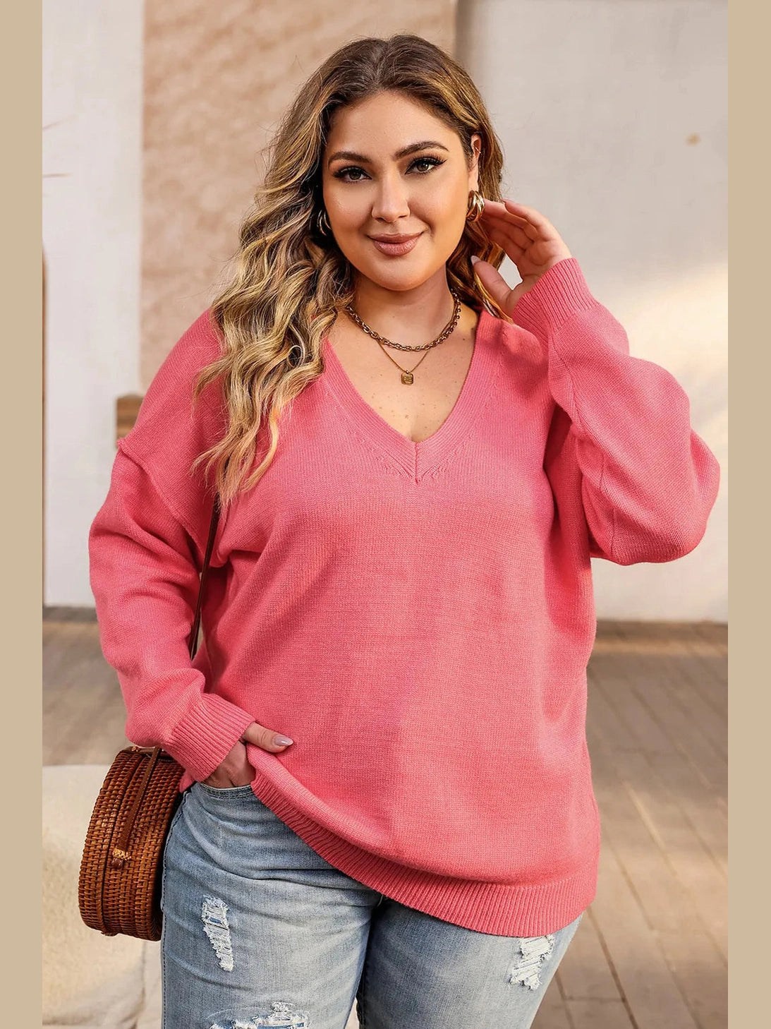 Plus Size V-Neck Dropped Shoulder Sweater Trendsi
