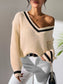 Contrast Trim V-Neck Long Sleeve Sweater nicholesgifts