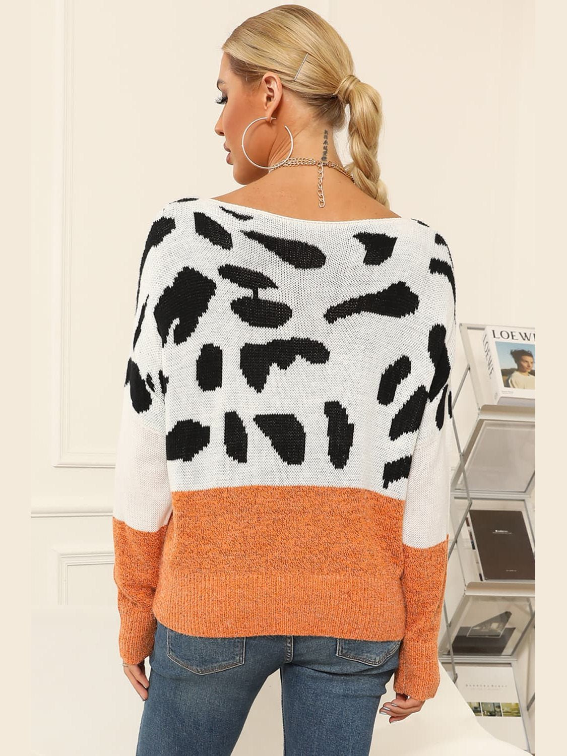 Full Size Two-Tone Boat Neck Sweater Trendsi