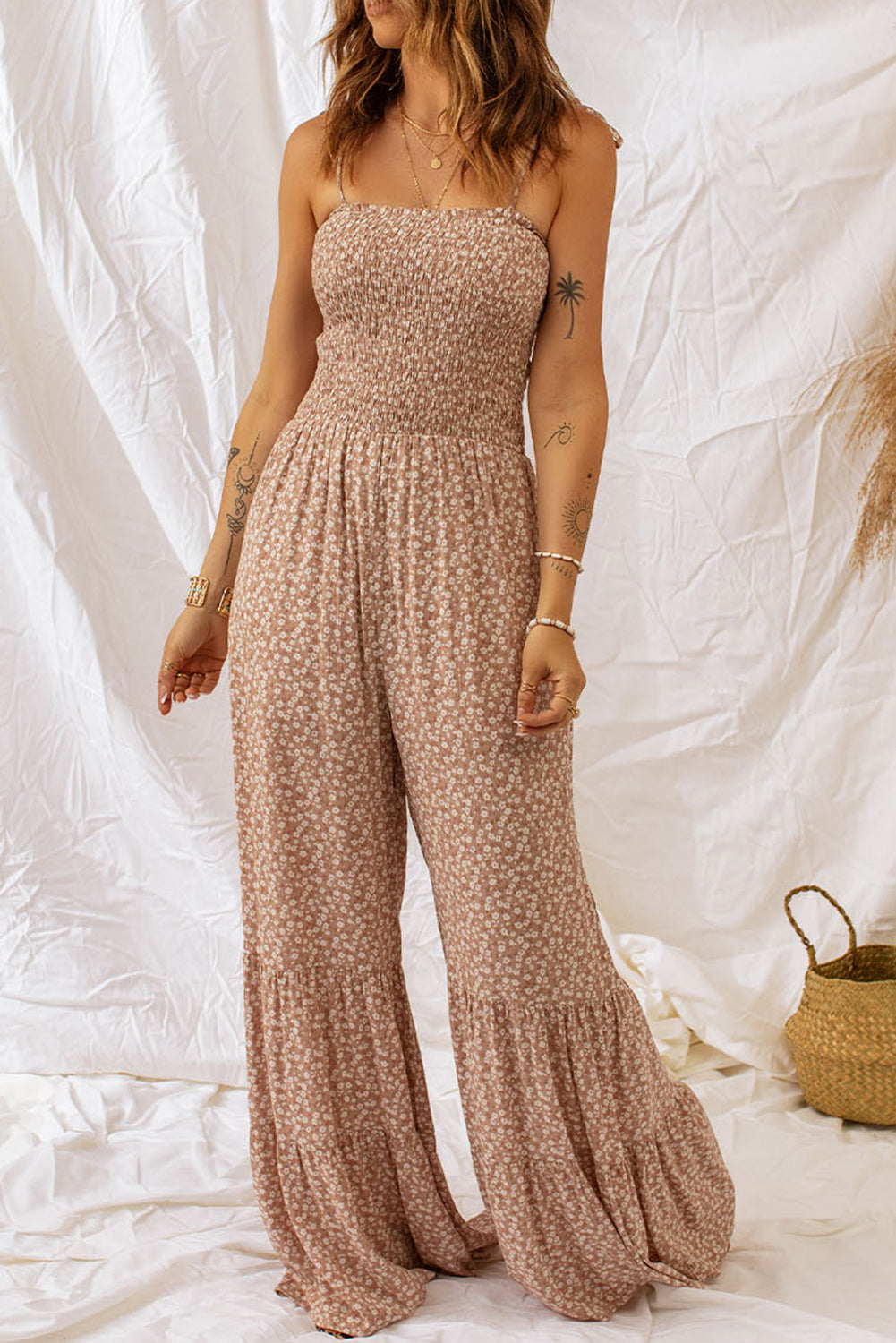 Floral Spaghetti Strap Smocked Wide Leg Jumpsuit nicholesgifts