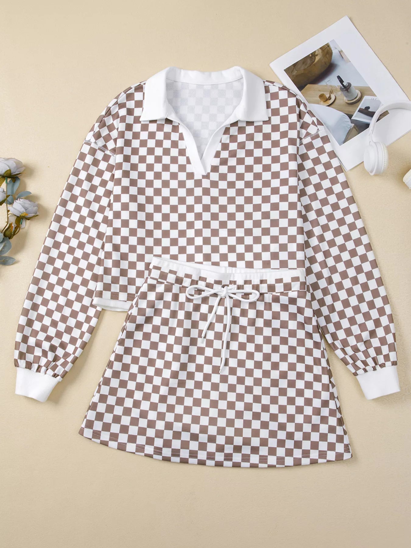 Checkered Print Polo Collar Cropped Long Sleeve Top and Drawstring Mini Skirt Set Trendsi