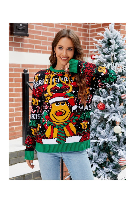 Printed Round Neck Long Sleeve Sweater nicholesgifts