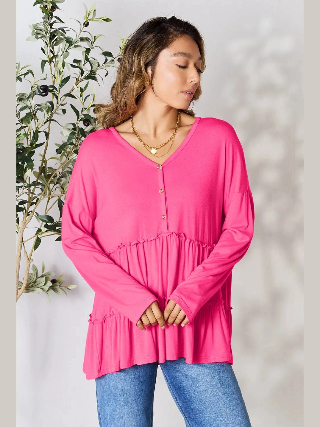 Double Take Half Button Long Sleeve Ruffle Hem Blouse nicholesgifts