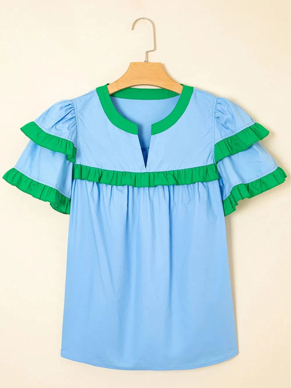 Contrast Notched Neck Frilly Detail Short Sleeve Blouse NicholesGifts