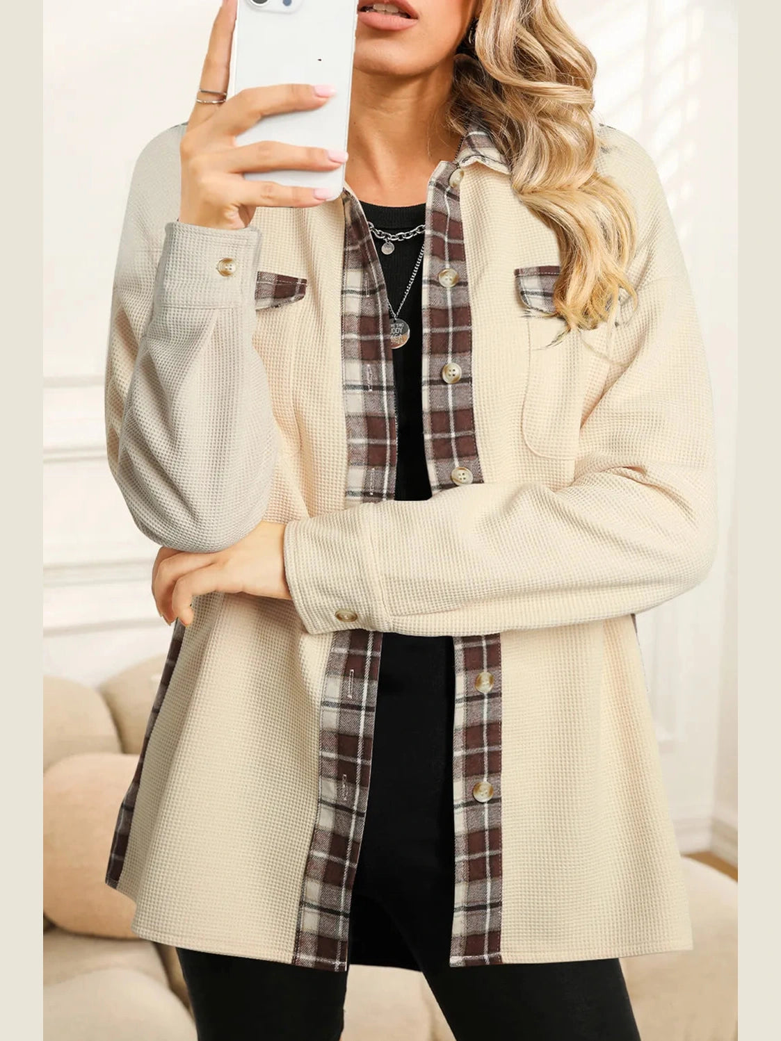 Plaid Button Down Collared Jacket nicholesgifts