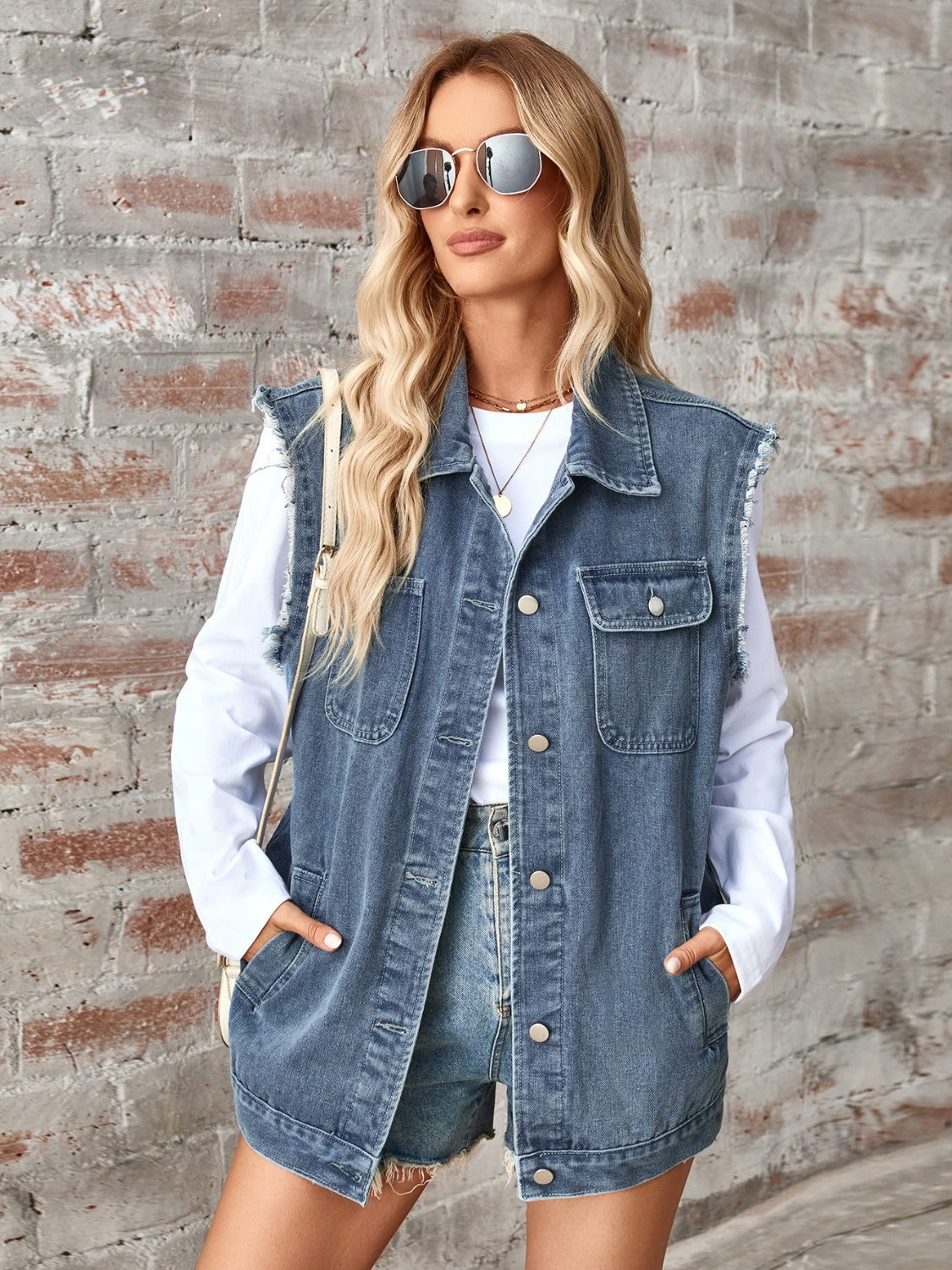 Raw Hem Sleeveless Button Up Denim Jacket nicholesgifts